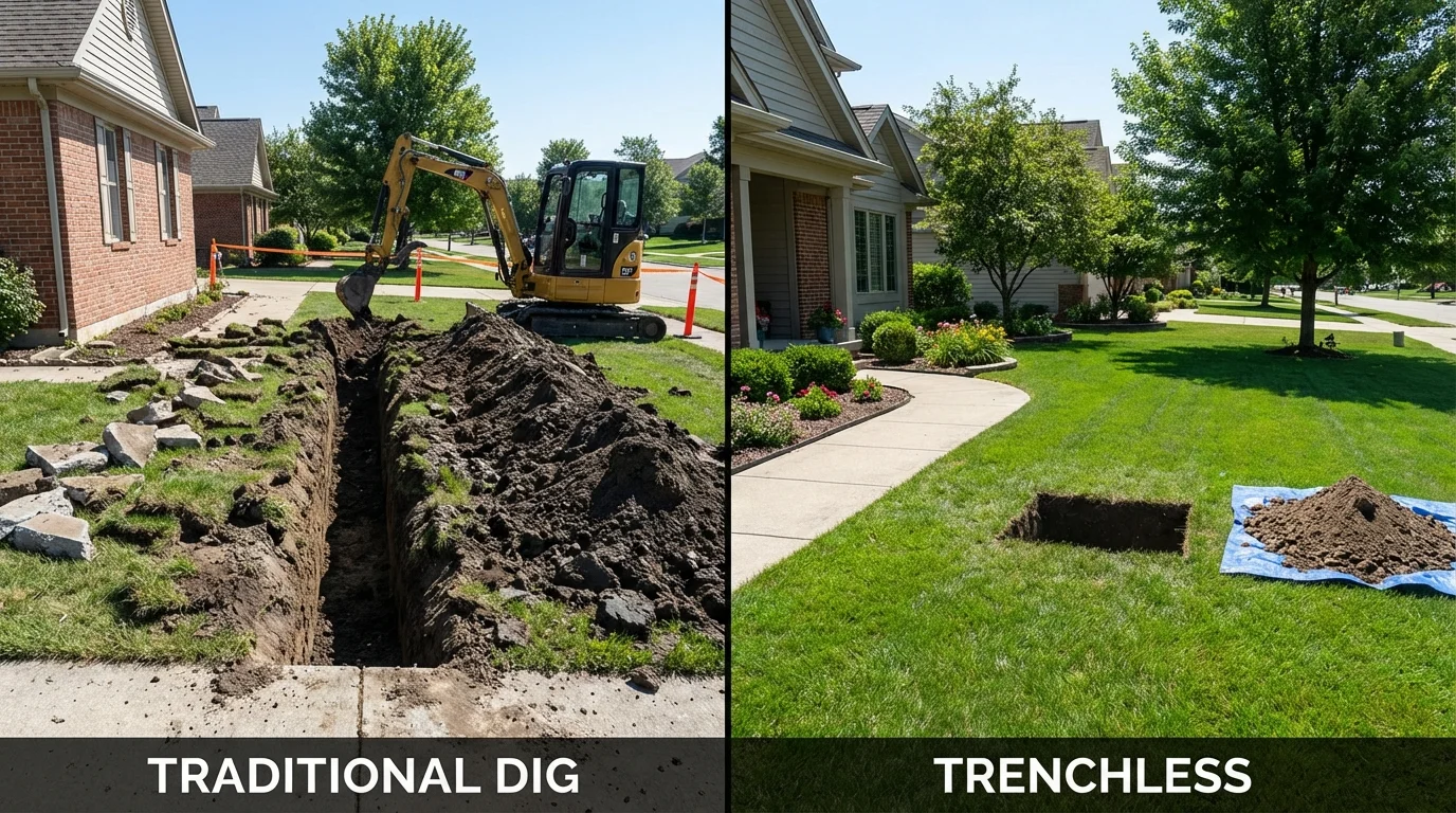 Trenchless sewer repair with minimal yard damage versus traditional excavation in Hartford, KY