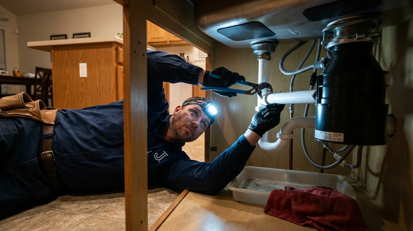 P-trap and supply line connections under a kitchen sink showing a common leak point in Hartford, KY